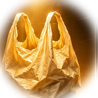 Portrait engraving: a single crumpled shopping bag under vault light.