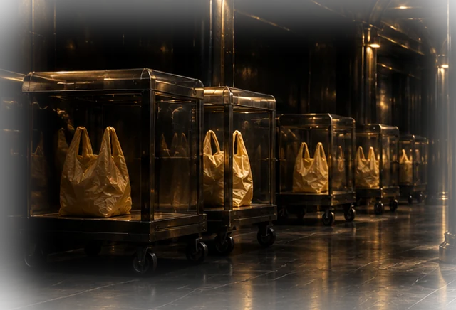 A rank of glass display cases on wheels, each sealing a single glowing shopping bag.